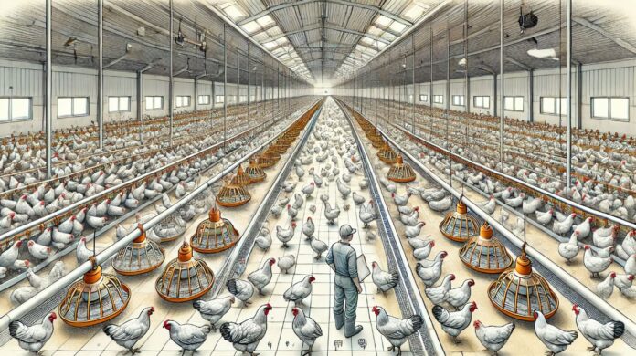 la-importancia-de-una-distribución-o-reparto-uniforme-de-los-pollos-en-el-gallinero-image-created-by-NeXusAvicultura-com Imagen puramente ilustrativa generada con IA por el equipo de NeXusAvicultura.com para artículo sobre la importancia de que los pollos se distribuyan uniformemente a lo largo de toda la nave o galpón de engorde. No pretende reflejar la realidad exacta de una granja.