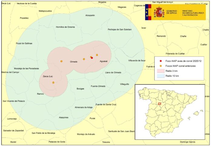 influenza-aviar-20251015-mapa-1-localizacion-casos-1 Localización del 12º brote de IAAP en aves de corral del 15 octubre 2025 en granja de 315.000 gallinas ponedoras (punto rojo) , en la provincia de Valladolid, detectado en la zona de vigilancia de los anteriores focos.